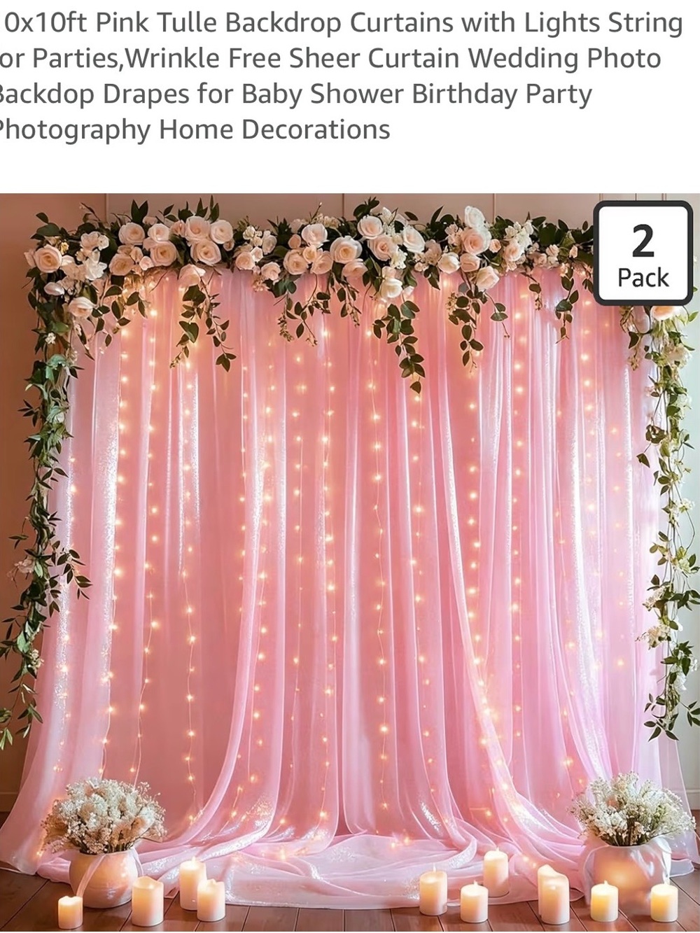 10x10 Pink Tulle Backdrop Curtains with String Lights (2 in pk)
